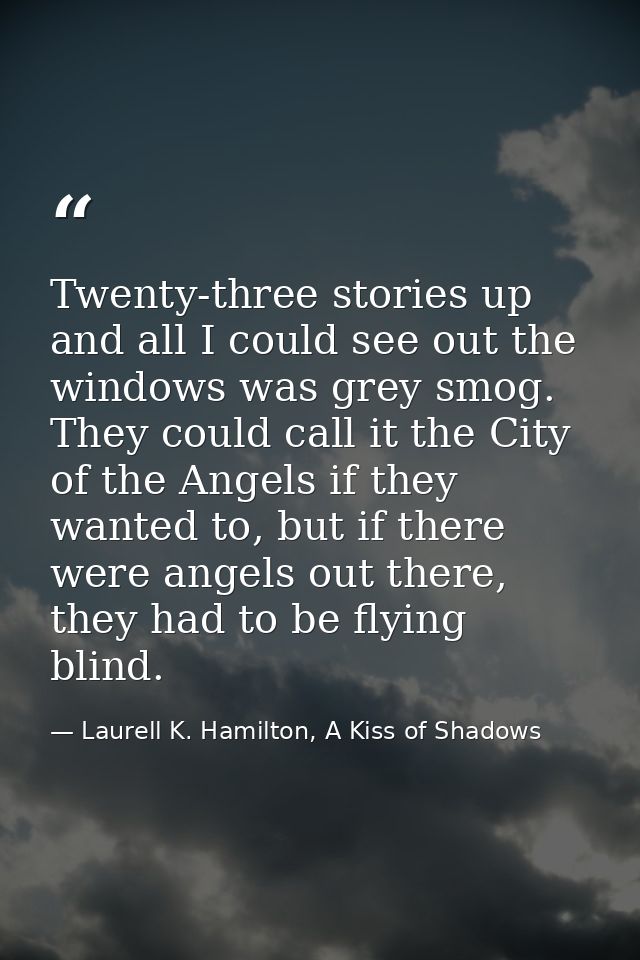 Twenty-three stories up and all I could see out the windows was grey smog. They could call it the City of the Angels if  — Laurell K. Hamilton, A Kiss of Shadows