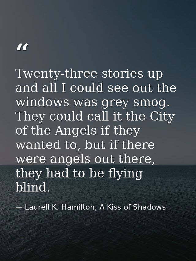 Twenty-three stories up and all I could see out the windows was grey smog. They could call it the City of the Angels if  — Laurell K. Hamilton, A Kiss of Shadows