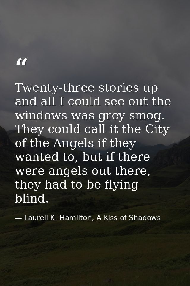 Twenty-three stories up and all I could see out the windows was grey smog. They could call it the City of the Angels if  — Laurell K. Hamilton, A Kiss of Shadows