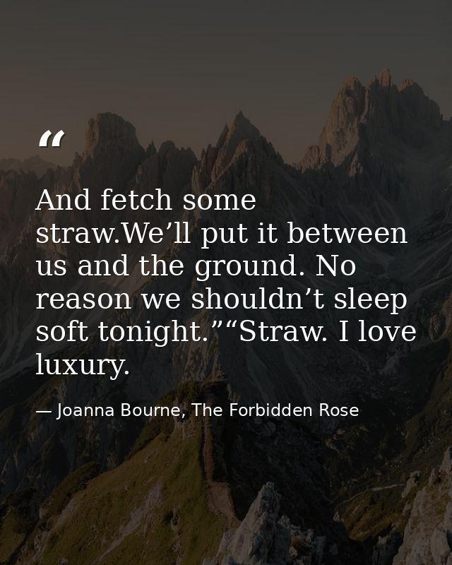 And fetch some straw.We’ll put it between us and the ground. No reason we shouldn’t sleep soft tonight.”“Straw. I love l — Joanna Bourne, The Forbidden Rose