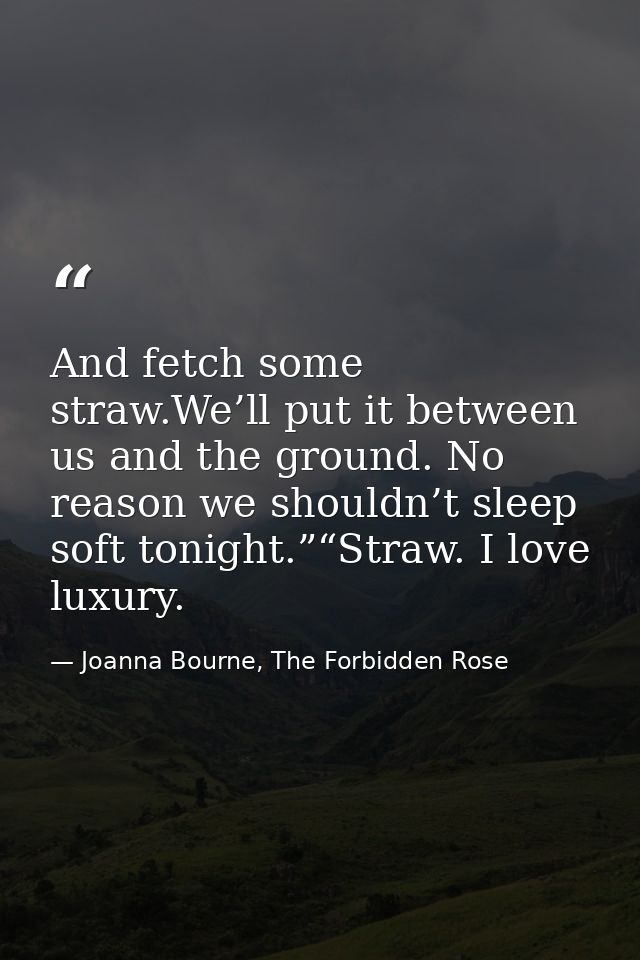 And fetch some straw.We’ll put it between us and the ground. No reason we shouldn’t sleep soft tonight.”“Straw. I love l — Joanna Bourne, The Forbidden Rose