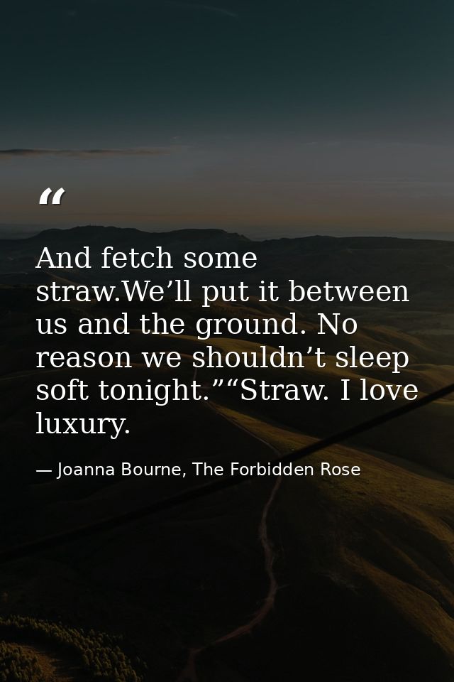 And fetch some straw.We’ll put it between us and the ground. No reason we shouldn’t sleep soft tonight.”“Straw. I love l — Joanna Bourne, The Forbidden Rose