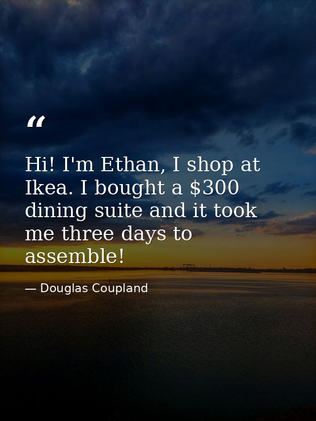 Hi! I'm Ethan, I shop at Ikea. I bought a $300 dining suite and it took me three days to assemble! — Douglas Coupland