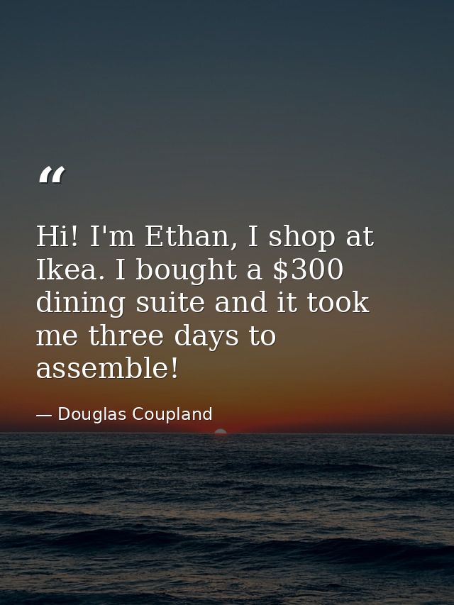 Hi! I'm Ethan, I shop at Ikea. I bought a $300 dining suite and it took me three days to assemble! — Douglas Coupland