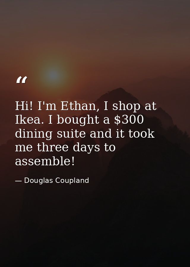 Hi! I'm Ethan, I shop at Ikea. I bought a $300 dining suite and it took me three days to assemble! — Douglas Coupland