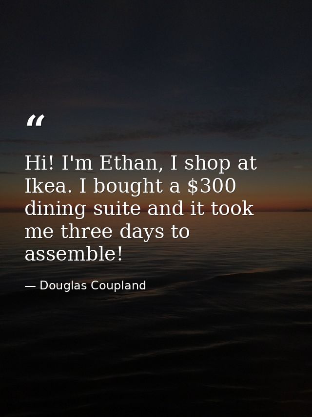 Hi! I'm Ethan, I shop at Ikea. I bought a $300 dining suite and it took me three days to assemble! — Douglas Coupland
