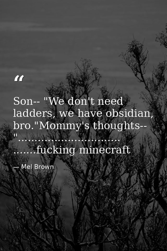 Son-- "We don't need ladders, we have obsidian, bro."Mommy's thoughts-- "............................... .......fucking  — Mel Brown