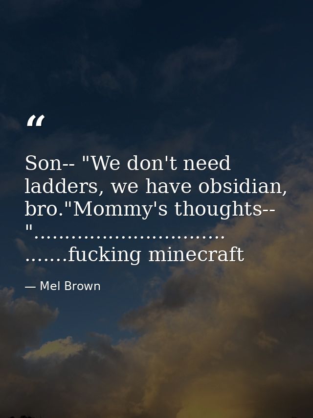 Son-- "We don't need ladders, we have obsidian, bro."Mommy's thoughts-- "............................... .......fucking  — Mel Brown