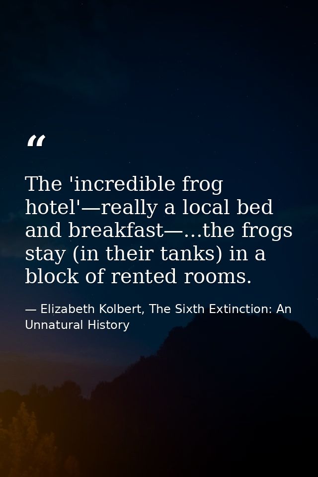 The 'incredible frog hotel'—really a local bed and breakfast—...the frogs stay (in their tanks) in a block of rented roo — Elizabeth Kolbert, The Sixth Extinction: An Unnatural History