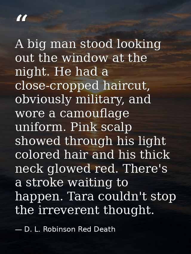 A big man stood looking out the window at the night. He had a close-cropped haircut, obviously military, and wore a camo — D. L. Robinson Red Death