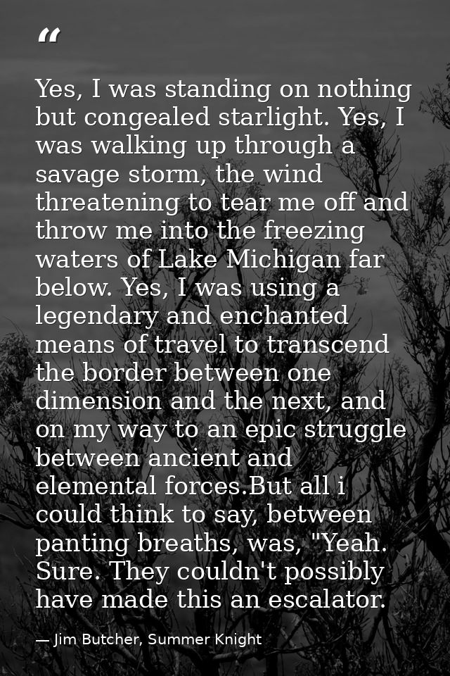 Yes, I was standing on nothing but congealed starlight. Yes, I was walking up through a savage storm, the wind threateni — Jim Butcher, Summer Knight