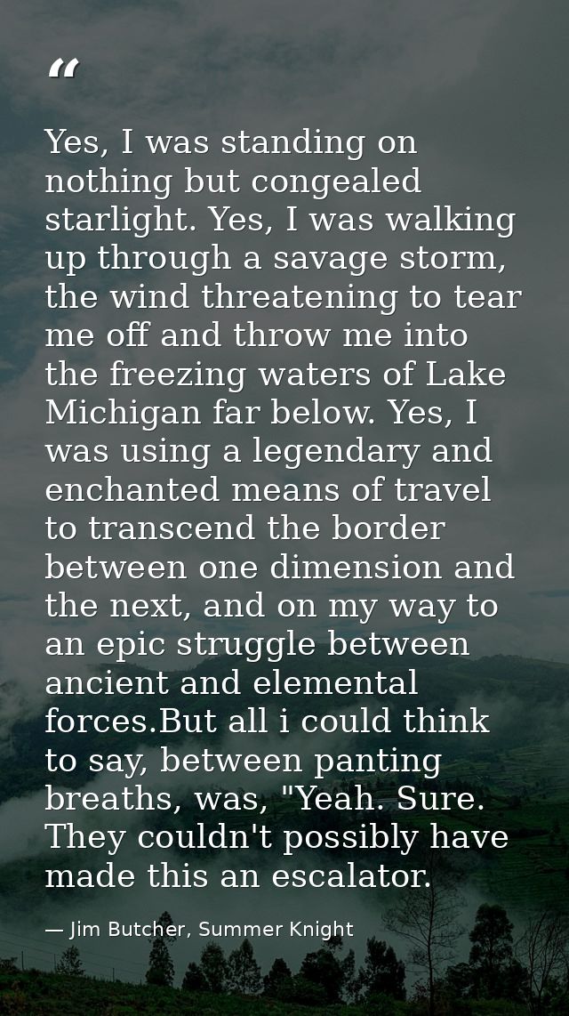 Yes, I was standing on nothing but congealed starlight. Yes, I was walking up through a savage storm, the wind threateni — Jim Butcher, Summer Knight