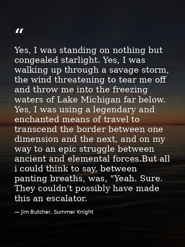 Yes, I was standing on nothing but congealed starlight. Yes, I was walking up through a savage storm, the wind threateni — Jim Butcher, Summer Knight