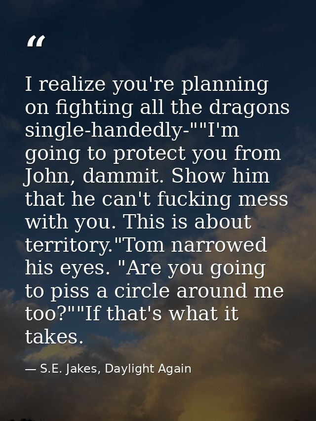 I realize you're planning on fighting all the dragons single-handedly-""I'm going to protect you from John, dammit. Show — S.E. Jakes, Daylight Again