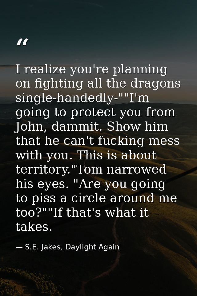 I realize you're planning on fighting all the dragons single-handedly-""I'm going to protect you from John, dammit. Show — S.E. Jakes, Daylight Again