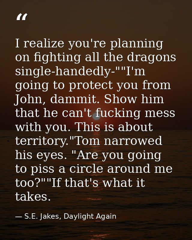 I realize you're planning on fighting all the dragons single-handedly-""I'm going to protect you from John, dammit. Show — S.E. Jakes, Daylight Again