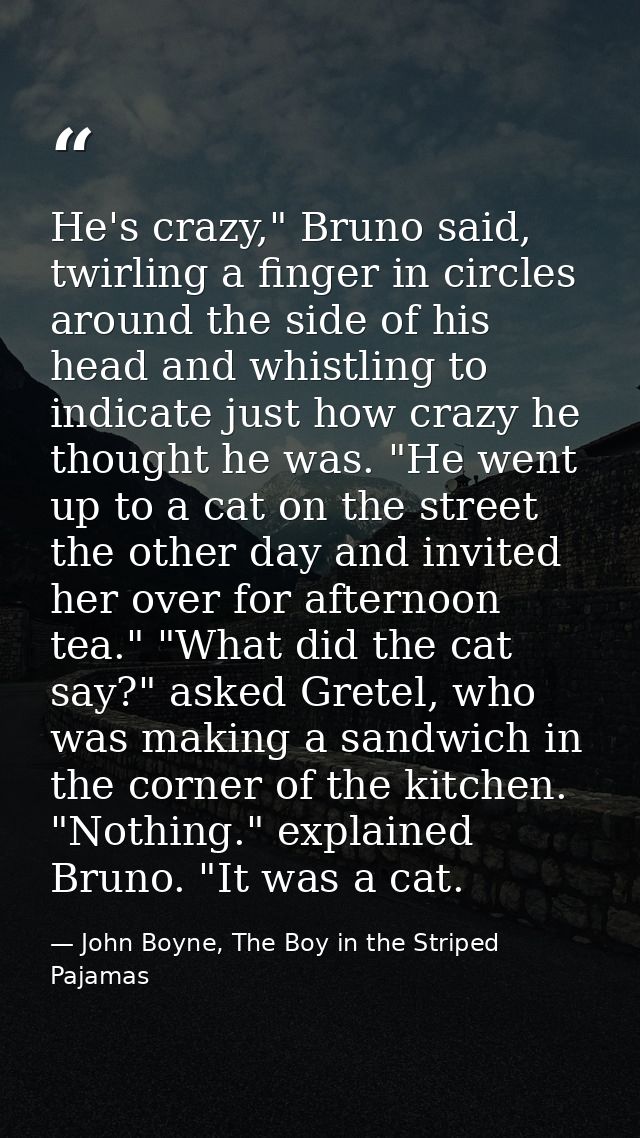 He's crazy," Bruno said, twirling a finger in circles around the side of his head and whistling to indicate just how cra — John Boyne, The Boy in the Striped Pajamas