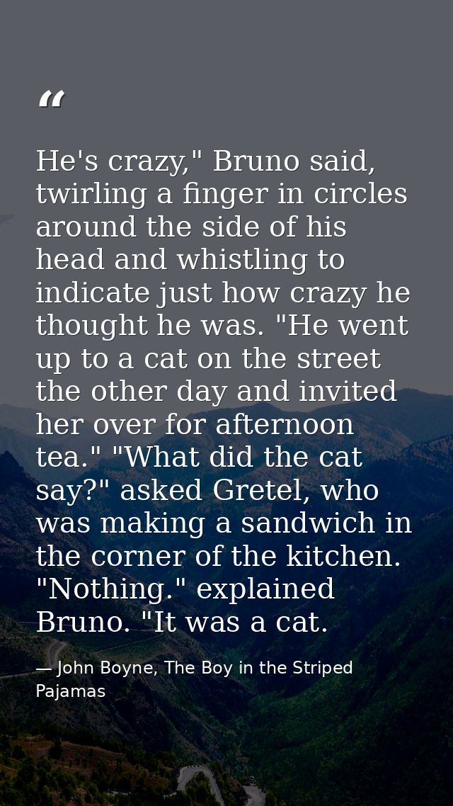 He's crazy," Bruno said, twirling a finger in circles around the side of his head and whistling to indicate just how cra — John Boyne, The Boy in the Striped Pajamas