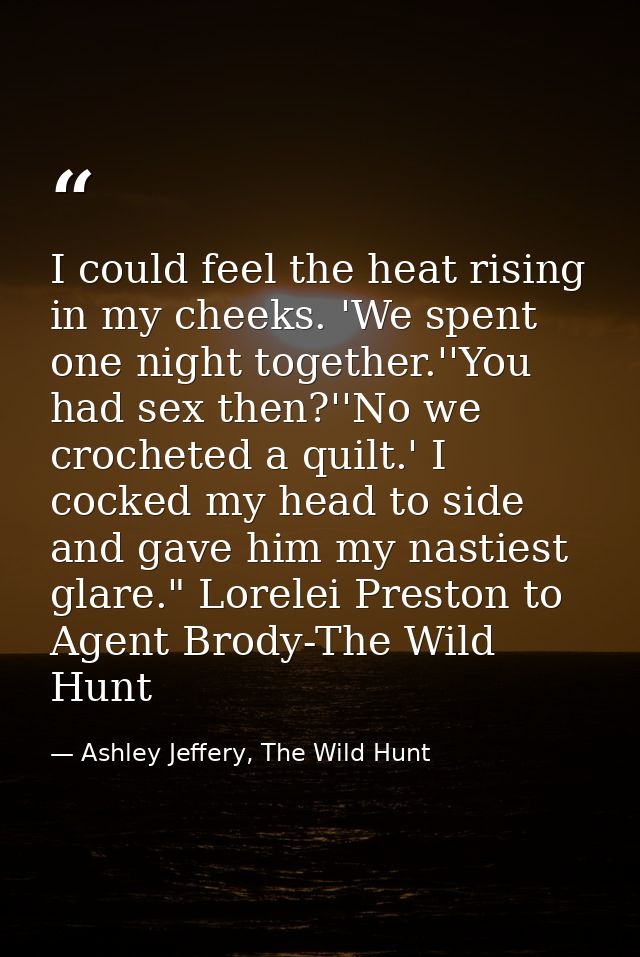 I could feel the heat rising in my cheeks. 'We spent one night together.''You had sex then?''No we crocheted a quilt.' I — Ashley Jeffery, The Wild Hunt