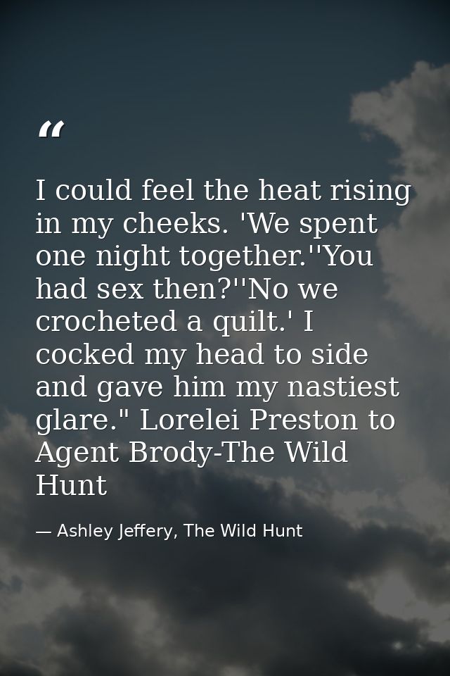 I could feel the heat rising in my cheeks. 'We spent one night together.''You had sex then?''No we crocheted a quilt.' I — Ashley Jeffery, The Wild Hunt