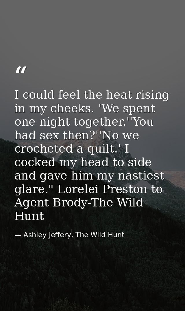 I could feel the heat rising in my cheeks. 'We spent one night together.''You had sex then?''No we crocheted a quilt.' I — Ashley Jeffery, The Wild Hunt