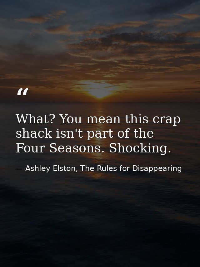 What? You mean this crap shack isn't part of the Four Seasons. Shocking. — Ashley Elston, The Rules for Disappearing