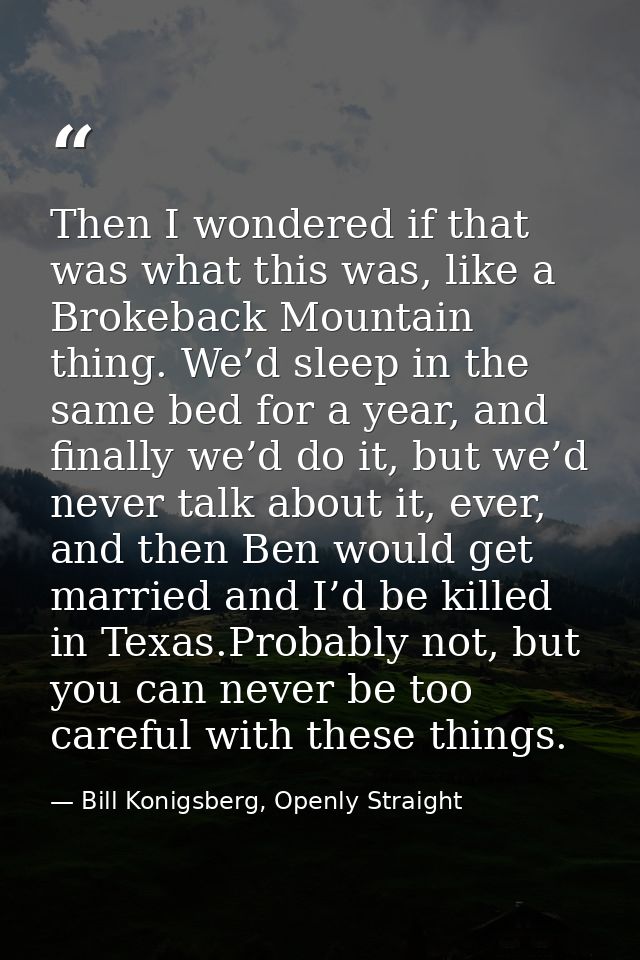 Then I wondered if that was what this was, like a Brokeback Mountain thing. We’d sleep in the same bed for a year, and f — Bill Konigsberg, Openly Straight