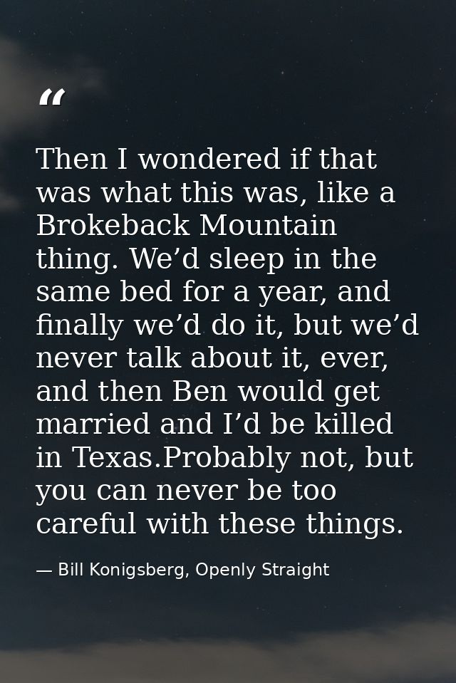 Then I wondered if that was what this was, like a Brokeback Mountain thing. We’d sleep in the same bed for a year, and f — Bill Konigsberg, Openly Straight