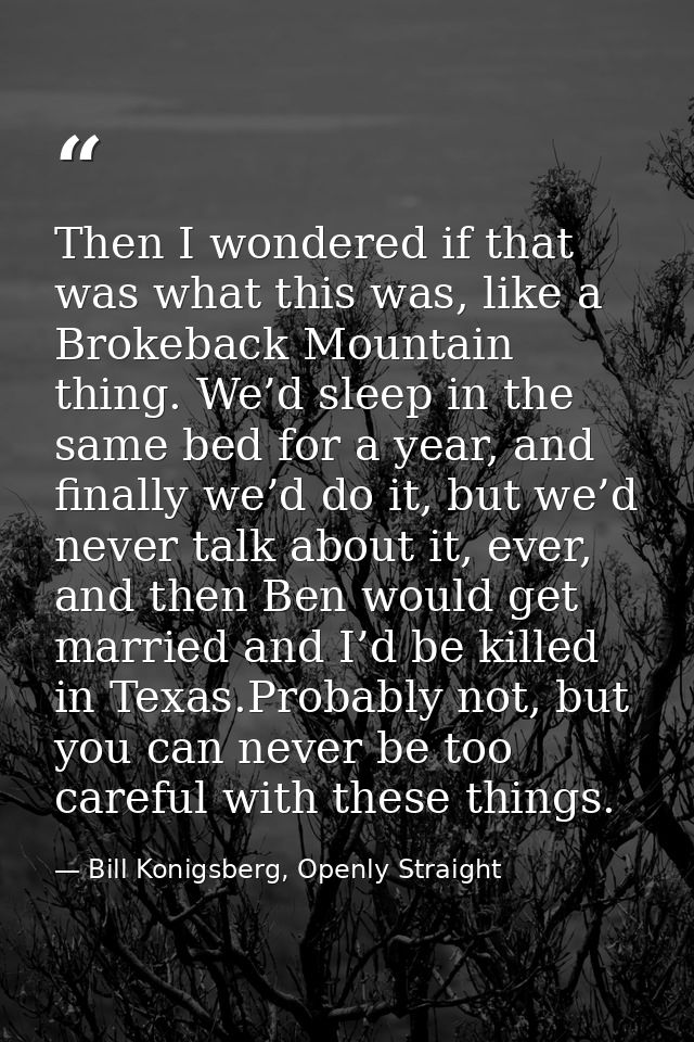 Then I wondered if that was what this was, like a Brokeback Mountain thing. We’d sleep in the same bed for a year, and f — Bill Konigsberg, Openly Straight