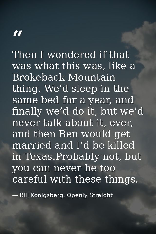 Then I wondered if that was what this was, like a Brokeback Mountain thing. We’d sleep in the same bed for a year, and f — Bill Konigsberg, Openly Straight