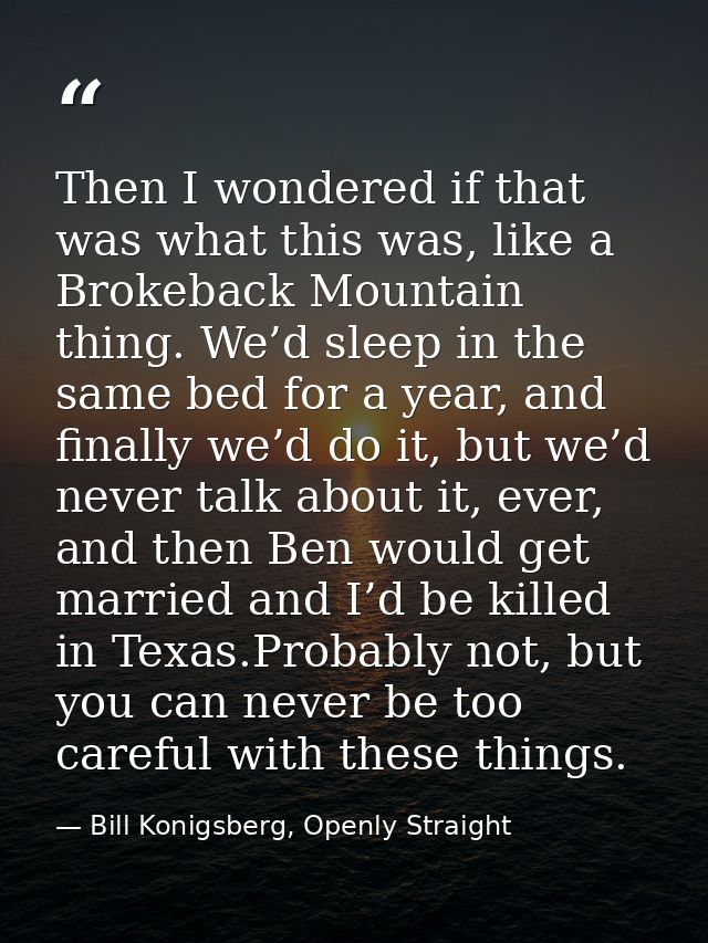 Then I wondered if that was what this was, like a Brokeback Mountain thing. We’d sleep in the same bed for a year, and f — Bill Konigsberg, Openly Straight