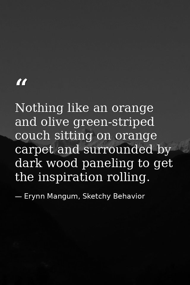 Nothing like an orange and olive green-striped couch sitting on orange carpet and surrounded by dark wood paneling to ge — Erynn Mangum, Sketchy Behavior