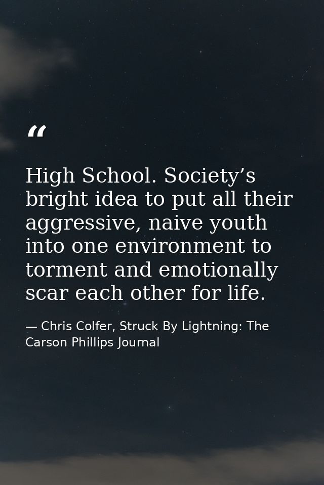 High School. Society’s bright idea to put all their aggressive, naive youth into one environment to torment and emotiona — Chris Colfer, Struck By Lightning: The Carson Phillips Journal