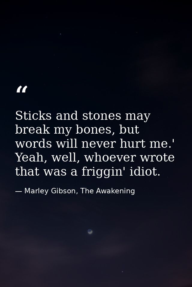 Sticks and stones may break my bones, but words will never hurt me.' Yeah, well, whoever wrote that was a friggin' idiot — Marley Gibson, The Awakening