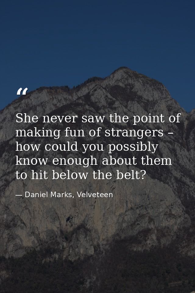 She never saw the point of making fun of strangers – how could you possibly know enough about them to hit below the belt — Daniel Marks, Velveteen