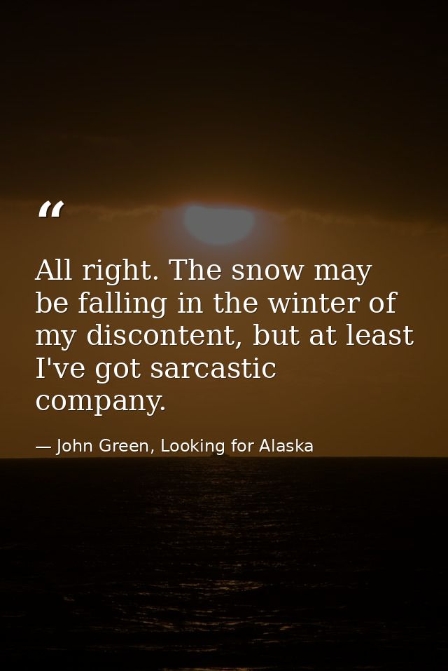 All right. The snow may be falling in the winter of my discontent, but at least I've got sarcastic company. — John Green, Looking for Alaska