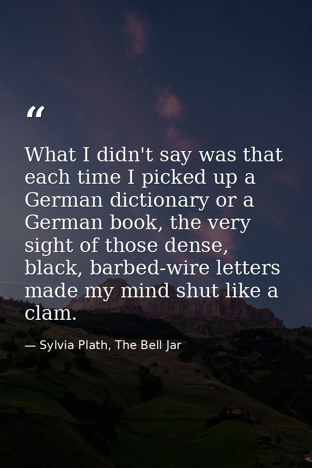 What I didn't say was that each time I picked up a German dictionary or a German book, the very sight of those dense, bl — Sylvia Plath, The Bell Jar