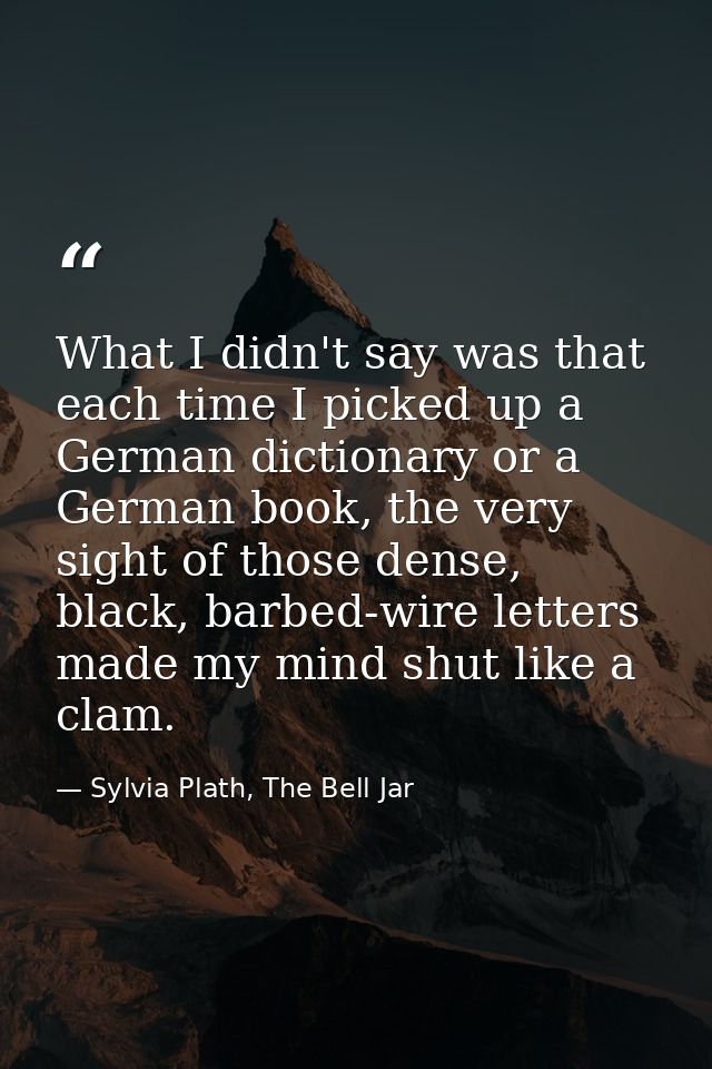 What I didn't say was that each time I picked up a German dictionary or a German book, the very sight of those dense, bl — Sylvia Plath, The Bell Jar