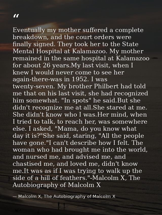 Eventually my mother suffered a complete breakdown, and the court orders were finally signed. They took her to the State — Malcolm X, The Autobiography of Malcolm X