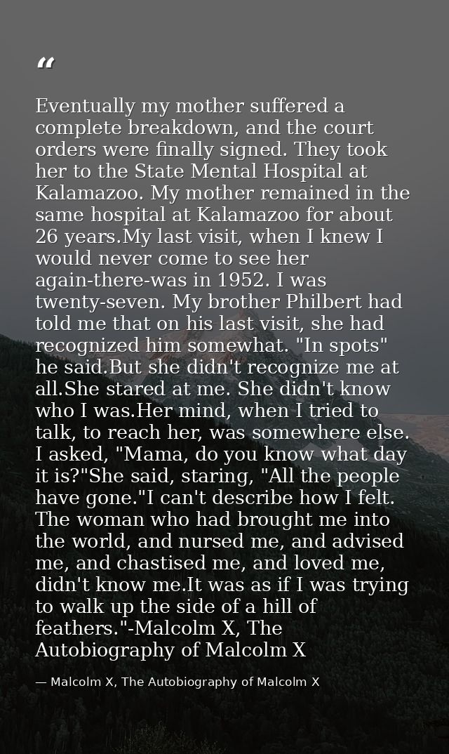 Eventually my mother suffered a complete breakdown, and the court orders were finally signed. They took her to the State — Malcolm X, The Autobiography of Malcolm X