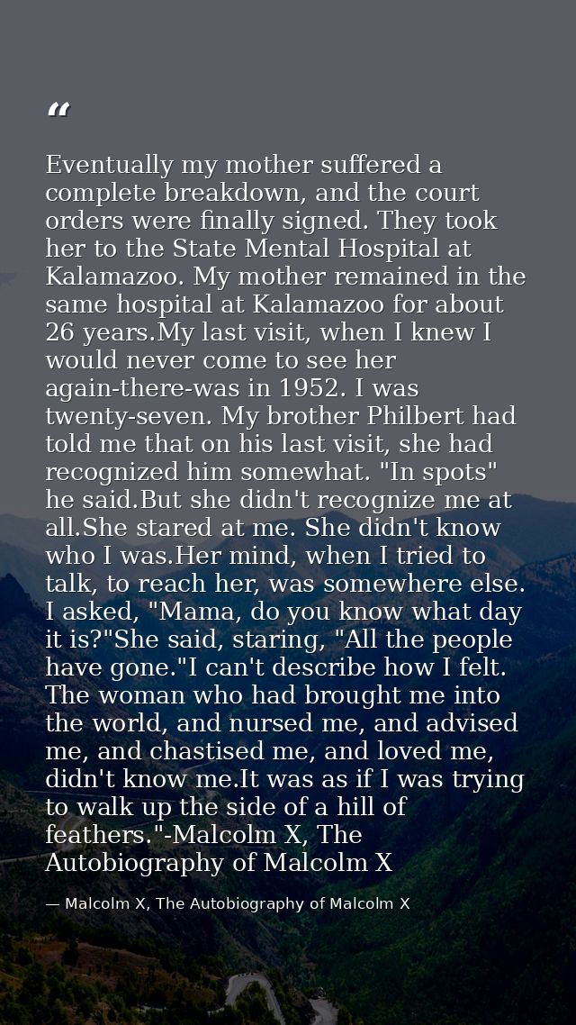 Eventually my mother suffered a complete breakdown, and the court orders were finally signed. They took her to the State — Malcolm X, The Autobiography of Malcolm X