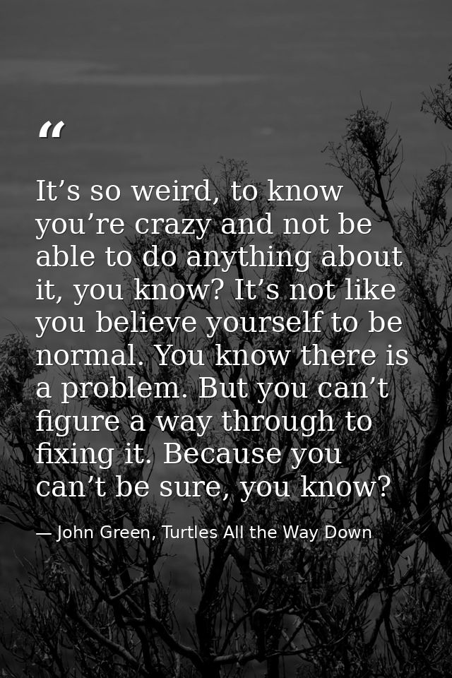 It’s so weird, to know you’re crazy and not be able to do anything about it, you know? It’s not like you believe yoursel — John Green, Turtles All the Way Down