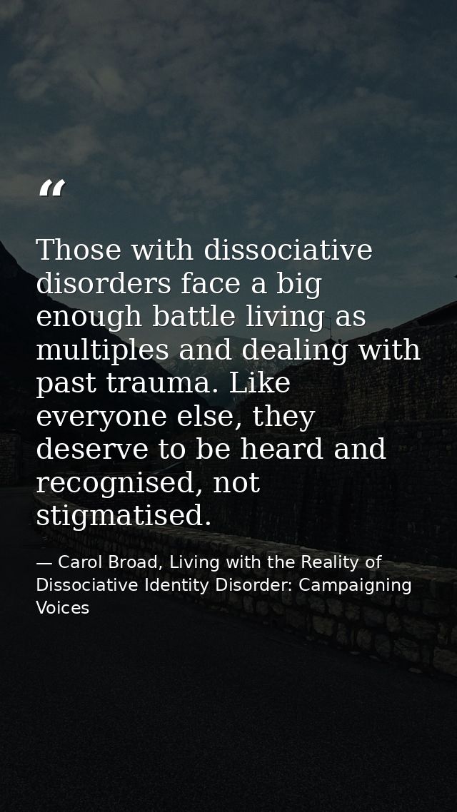 Those with dissociative disorders face a big enough battle living as multiples and dealing with past trauma. Like everyo — Carol Broad, Living with the Reality of Dissociative Identity Disorder: Campaigning Voices