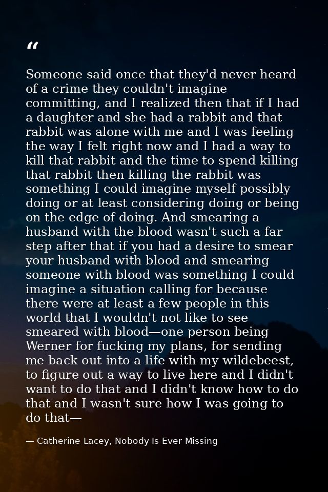 Someone said once that they'd never heard of a crime they couldn't imagine committing, and I realized then that if I had — Catherine Lacey, Nobody Is Ever Missing