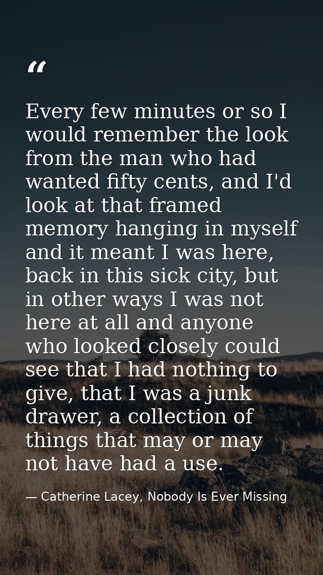 Every few minutes or so I would remember the look from the man who had wanted fifty cents, and I'd look at that framed m — Catherine Lacey, Nobody Is Ever Missing