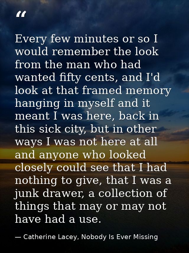 Every few minutes or so I would remember the look from the man who had wanted fifty cents, and I'd look at that framed m — Catherine Lacey, Nobody Is Ever Missing