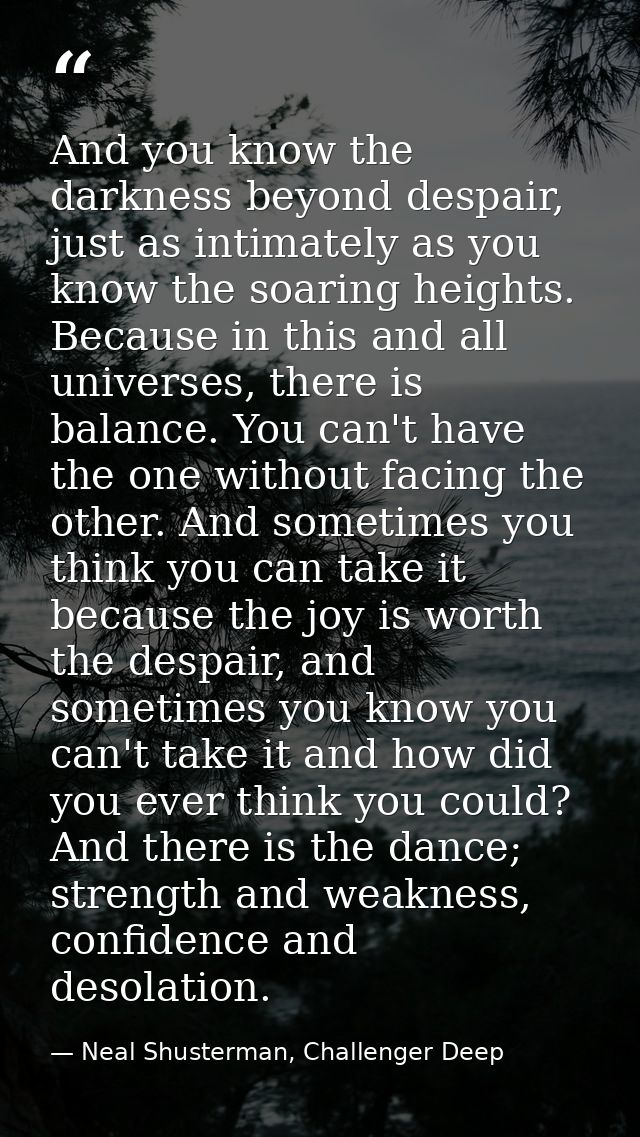 And you know the darkness beyond despair, just as intimately as you know the soaring heights. Because in this and all un — Neal Shusterman, Challenger Deep