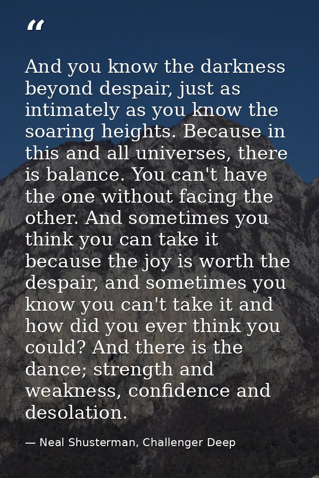 And you know the darkness beyond despair, just as intimately as you know the soaring heights. Because in this and all un — Neal Shusterman, Challenger Deep