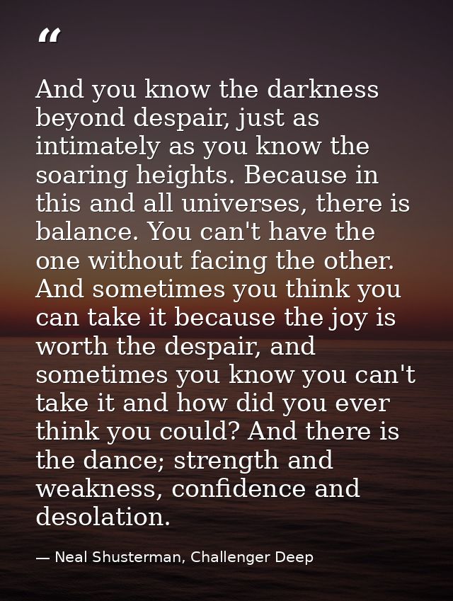 And you know the darkness beyond despair, just as intimately as you know the soaring heights. Because in this and all un — Neal Shusterman, Challenger Deep