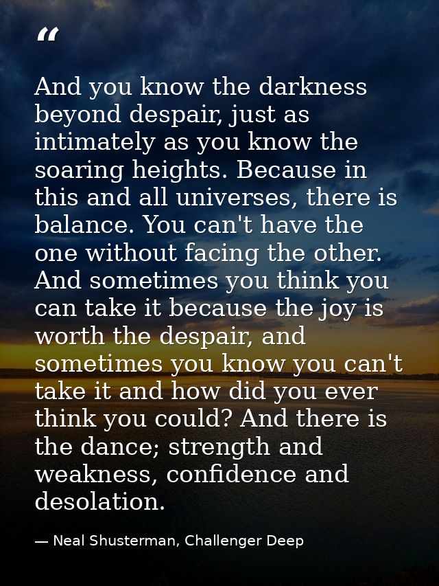 And you know the darkness beyond despair, just as intimately as you know the soaring heights. Because in this and all un — Neal Shusterman, Challenger Deep